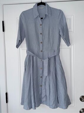 LinenSea 100% linen sea blue mini dress size m pleated with belt pockets